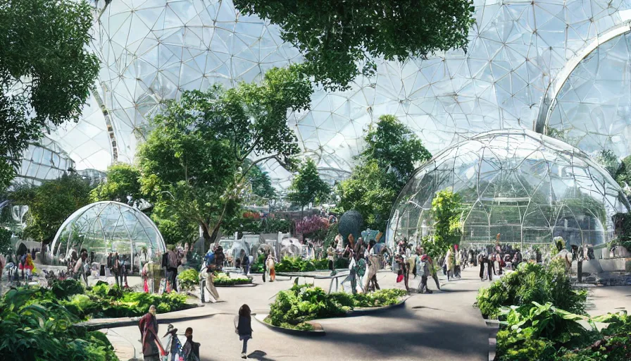 Prompt: outside view of futuristic zoo in london with white glass domes with paths around it, gardens and crowded place, trees, day, hyperdetailed, artstation, cgsociety, 8 k