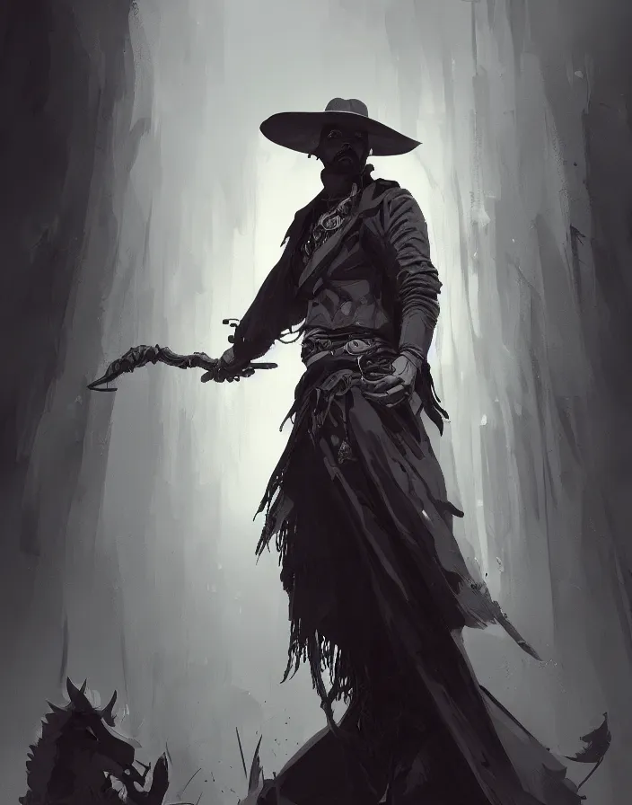 Prompt: misterious gaucho bandido commander, shady look, a raggy long poncho, magic the gathering, ready to shoot, intricate, highly detailed, digital painting, artstation, concept art, sharp focus, illustration, geometric dripped ink background, art by Artgerm, Grafit Studio, and Greg Rutkowski and Craig Mullins