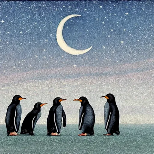 Prompt: penguin, moon, grassland, starry sky, sea ,artwork by Quint Buchholz .