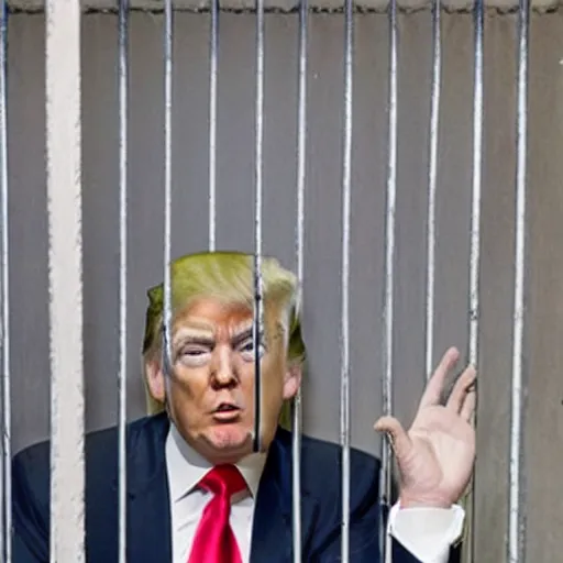 Image similar to donald trump in prison behind bars dressed in prison clothing