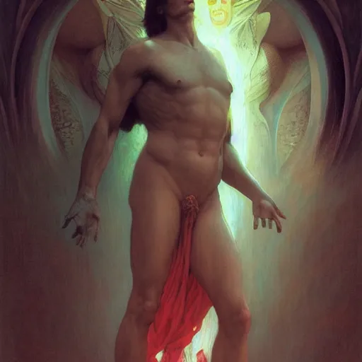 Prompt: Greek god, psychedelic art, fullbody, artstation, dark fantasy, concept art, smooth, sharp focus, illustration, art by greg rutkowski and orientalism and bouguereau and Zdzislaw Beksinski, good clear quality, lighting, biology, symmetrical artwork, perfect face, 135 mm, cinematic, hyper realism, high detail, octane render, 8k, chrome accents