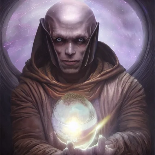 Image similar to male rogue wearing a cloak on an alien world and holding a holographic planet projection in his hand, covered face, detailed, sci - fi, digital painting, artstation, sharp focus, illustration, artgerm, tomasz alen kopera, peter mohrbacher, donato giancola, joseph christian leyendecker, wlop, frank frazetta