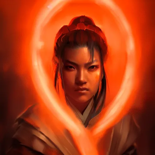 Image similar to portrait of beatiful female samurai in orange light in the style of Raymond Swanland, cinematic, artstation