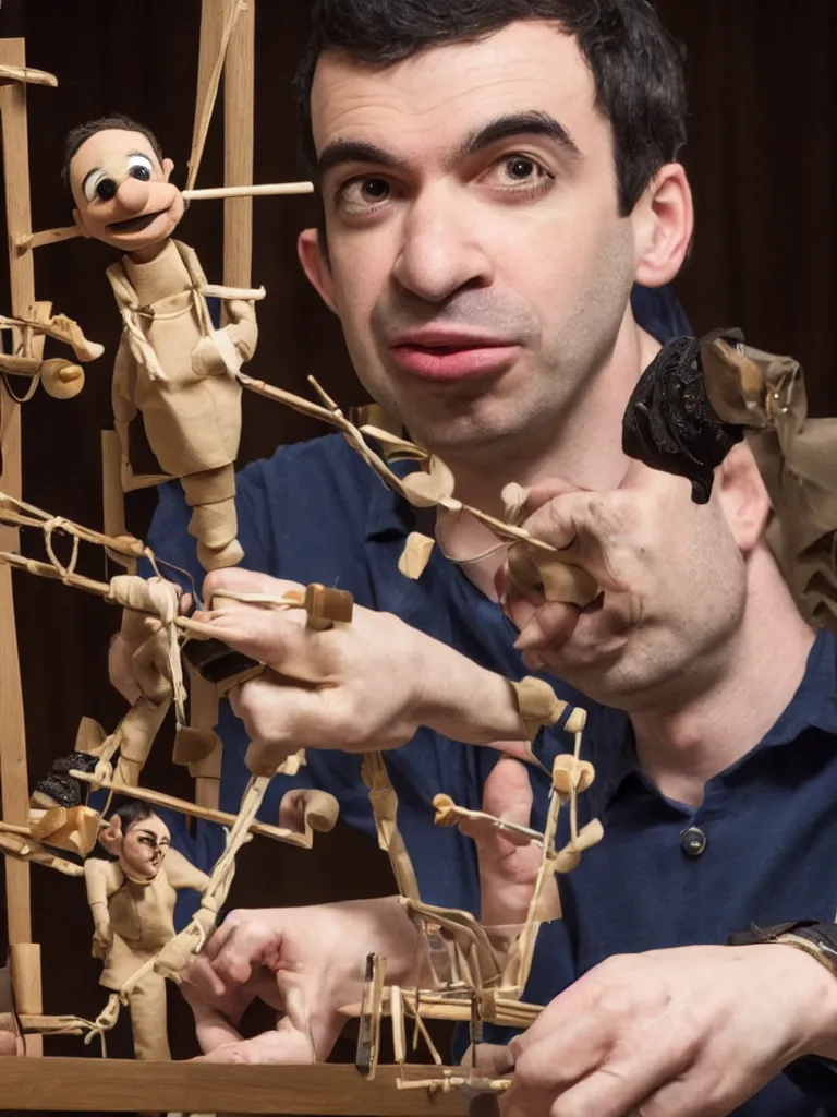 Prompt: close up photograph of nathan fielder behind a puppet stage controlling a marionette by the strings, high detail, 8 k, photorealism, sharp focus, volumetric lighting