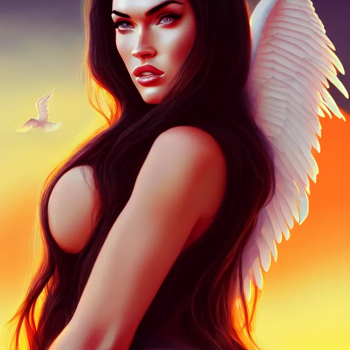 Prompt: Portrait of Megan Fox as an elegant woman with white angelic wings, sunset, fantasy, anime, vibrant, intricate details, trending on ArtStation, Deviantart, by WLOP