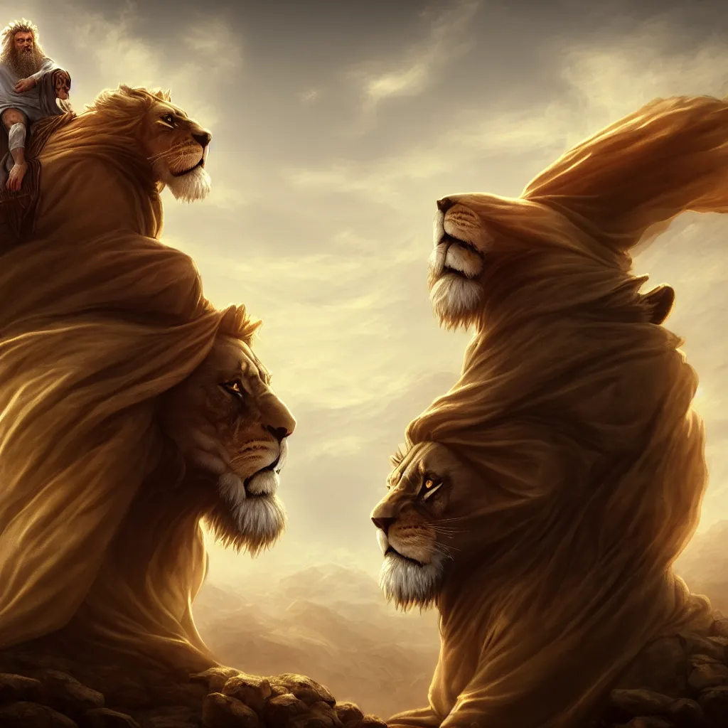 Image similar to alnaqua a hooded wise old man with a long white beard wearing a brown hooded tunic riding on top of a lion, the man riding is on the lion, the wise man is riding on top, majestic, epic digital art, cinematic, trending on artstation, superb detail 8 k, wide - angle, masterpiece