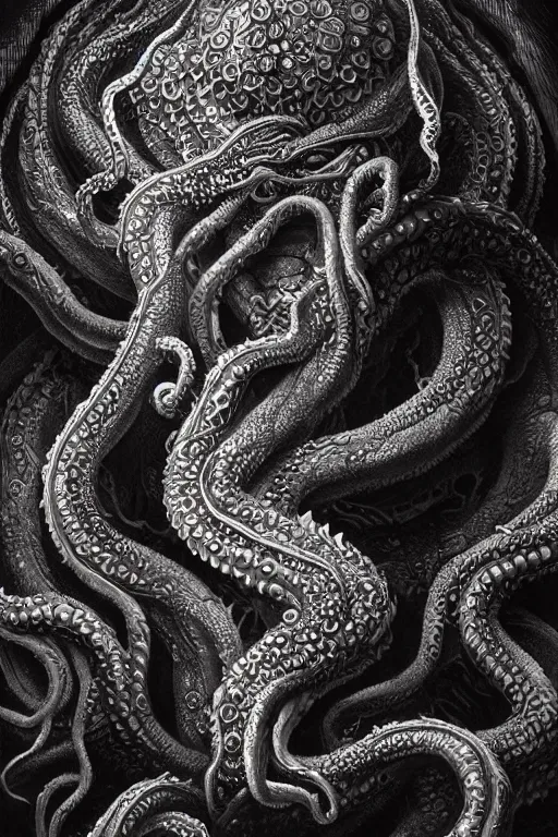 Image similar to realistic portrait of beautifully crystalized and detailed portrait of a hp lovecraft, tentacles, tendrils, eldritch, matte painting of cinematic movie scene red dragon, horror, created by gustave dore and greg rutkowski, high detailed, smooth draw, synthwave neon retro, intricate, realistic proportions, dramatic lighting, trending on artstation.