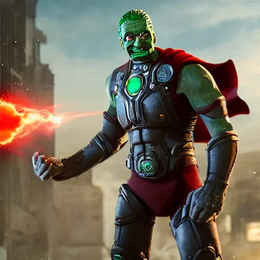 Image similar to pickle rick as superman! in gears of war, splash art, movie still, detailed face, photorealistic facial features, cinematic lighting, dramatic, octane render, long lens, shallow depth of field, bokeh, anamorphic lens flare, 8 k, hyper detailed, 3 5 mm film grain