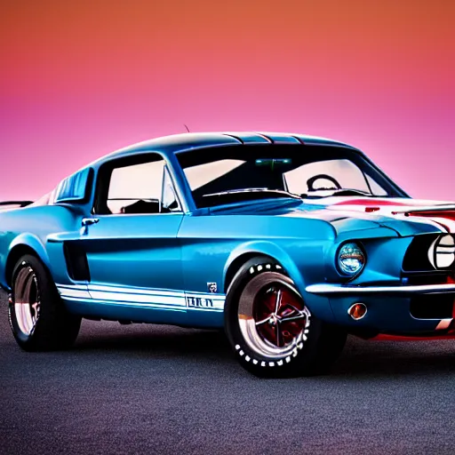 Image similar to long shot of 1967 Ford mustang Shelby GT500 in pink color at sunset in front a beach, 4k, HD Photography