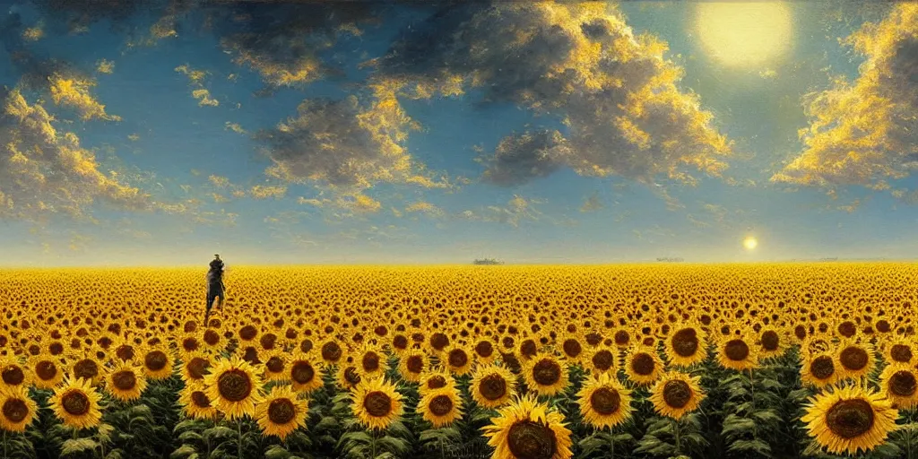 Prompt: Hyper realistic oil painting of an endless sunflower field, high contrast, blue skies, cinematic, by greg rutkowski
