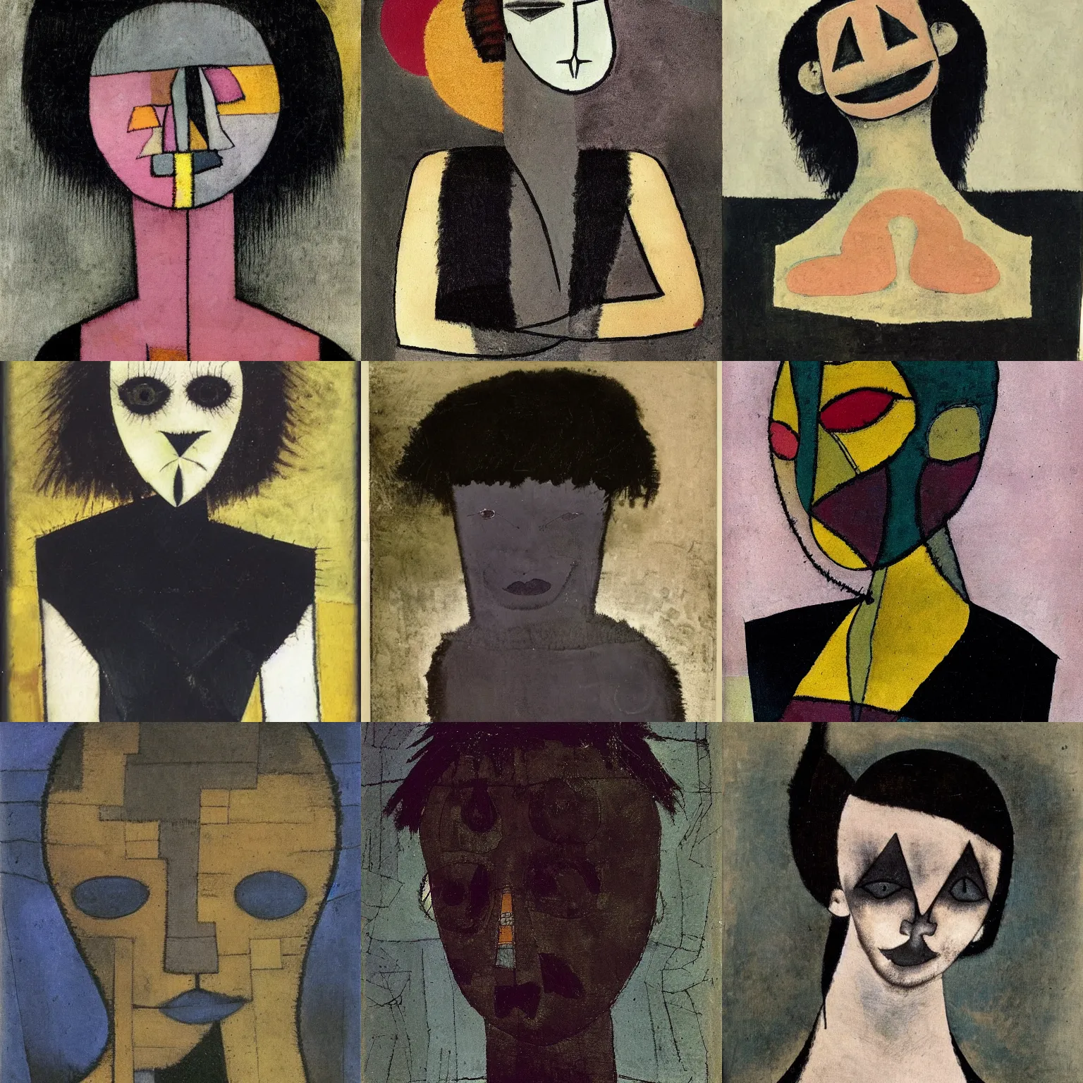 Prompt: A goth portrait painted by Paul Klee. Her hair is dark brown and cut into a short, messy pixie cut. She has a slightly rounded face, with a pointed chin, large entirely-black eyes, and a small nose. She is wearing a black tank top, a black leather jacket, a black knee-length skirt, a black choker, and black leather boots.