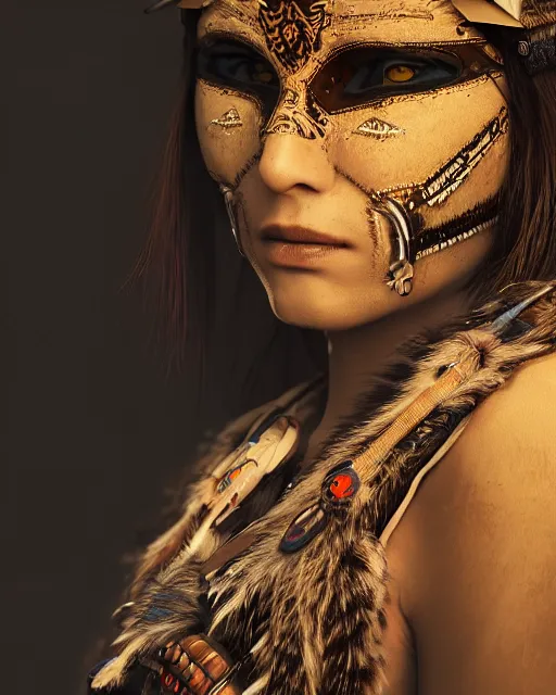 Prompt: Beautiful art portrait of a cyberpunk native american female owl shaman with owl mask, atmospheric lighting, intricate detail, cgsociety, hyperrealistic, octane render, RPG portrait, ambient light, dynamic lighting,