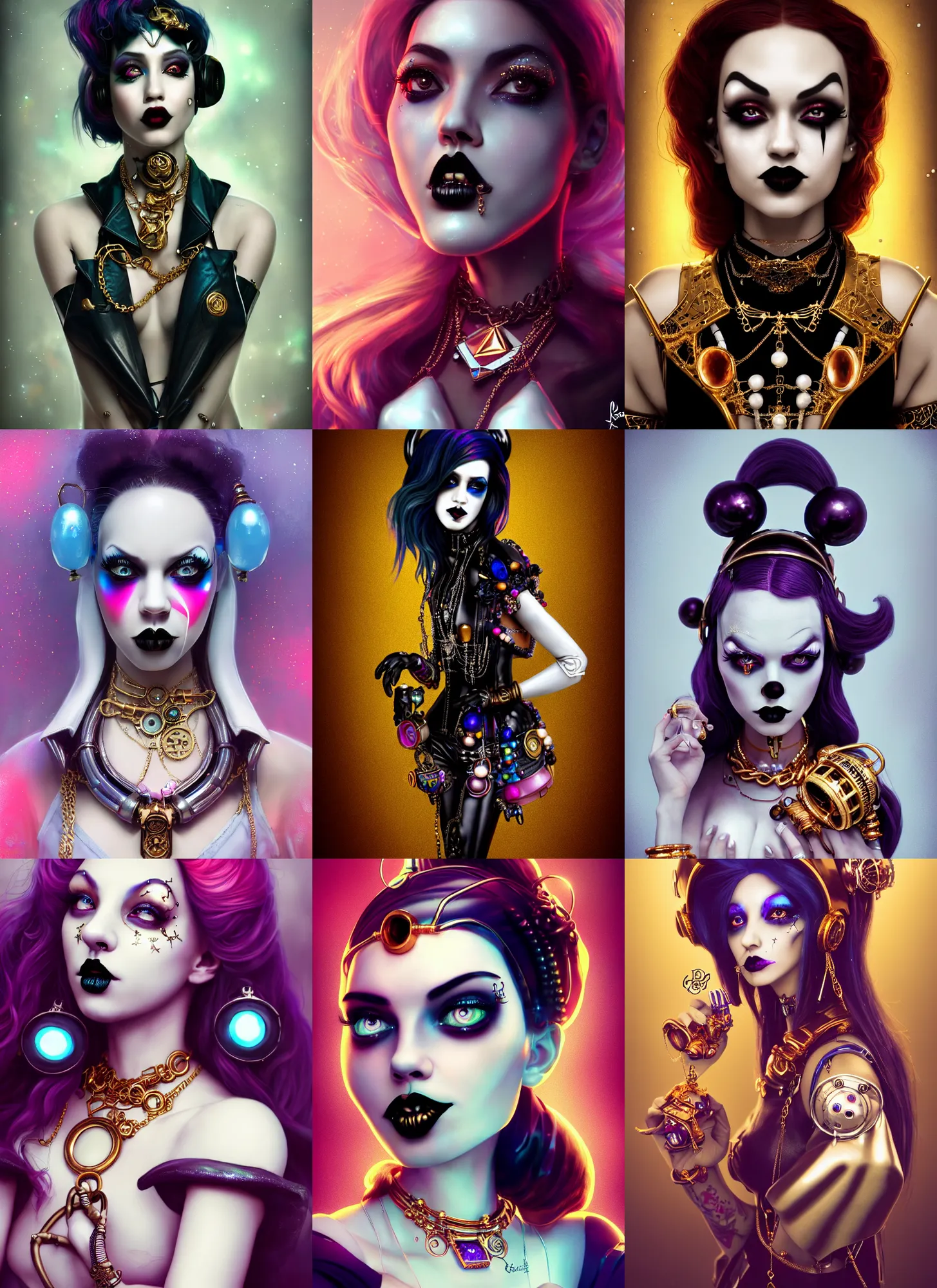Prompt: disney 8 k photo, beautiful shiny white porcelain rich grand pearlescent goth edc steampunk clowncore cyborg college woman, rapper bling jewelry, vinyl, golden ratio, sci fi, fantasy, cyberpunk, intricate, decadent, highly detailed, digital painting, octane render, artstation, concept art, smooth, sharp focus, illustration, art by loish, wlop