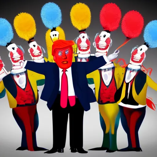 Prompt: Donald Trump as a clown with a group of clowns, trending on deviantart