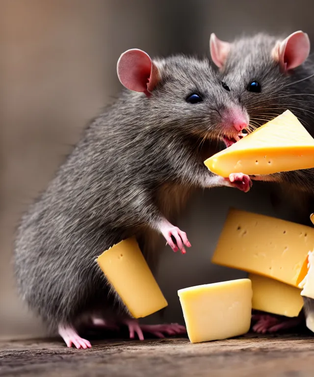 Prompt: high quality presentation photo of vicious anthropomorphic rats with sharp teeth eating cheese, and fighting each other over cheese, photography 4k f1.8 anamorphic bokeh 4k Canon Nikon