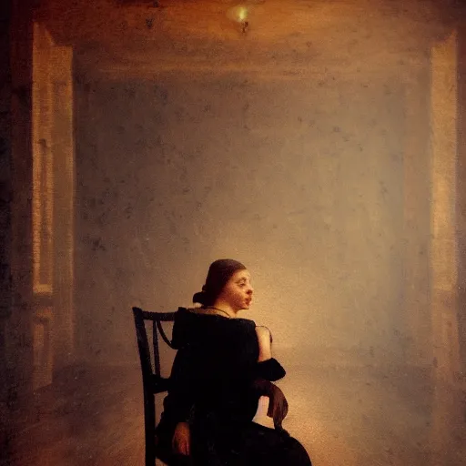 Prompt: a woman sitting on a chair inside of a dark, foreboding room, a dark figure ’ s face is depicted behind, 1 7 0 0 s oil painting, dark art, vignette, bloom effect, cgsociety, artstation, 4 k, 8 k