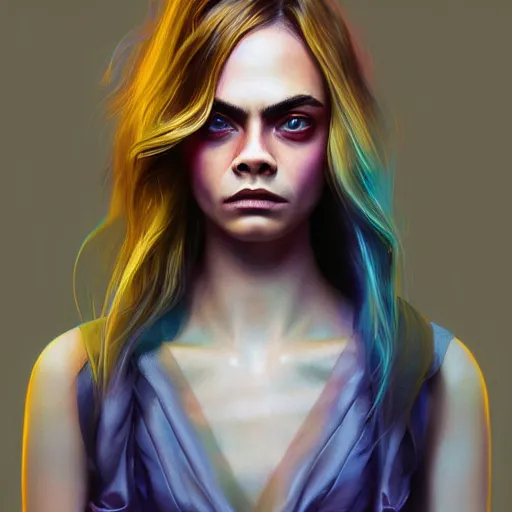 Prompt: cara delevingne, full body portrait colorful oil painting by android jones, john jean, yuumei, yanjun cheng, unreal 5, daz, hyperrealistic, octane render, rpg portrait, dynamic lighting, fantasy art, beautiful face