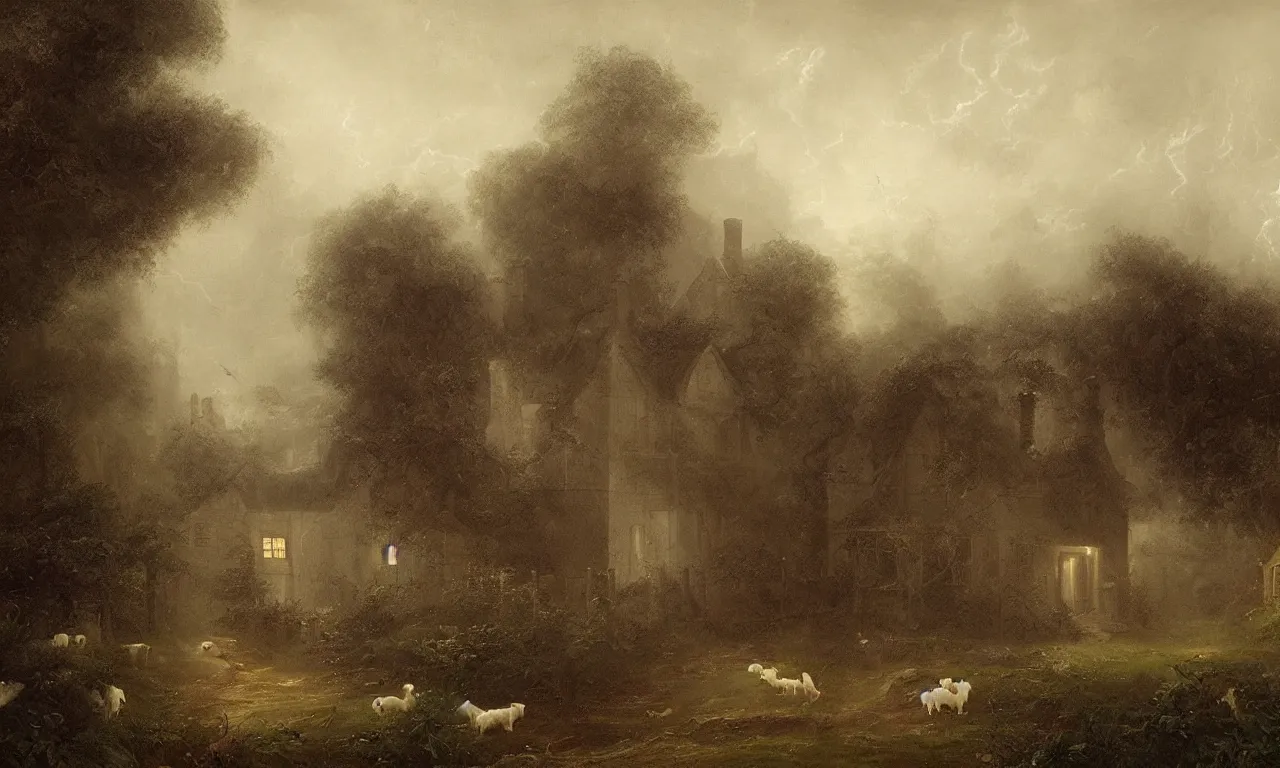 Image similar to spooky english cottage, ghosts, hound, pigs, misty garden, thomas cole, intricate details