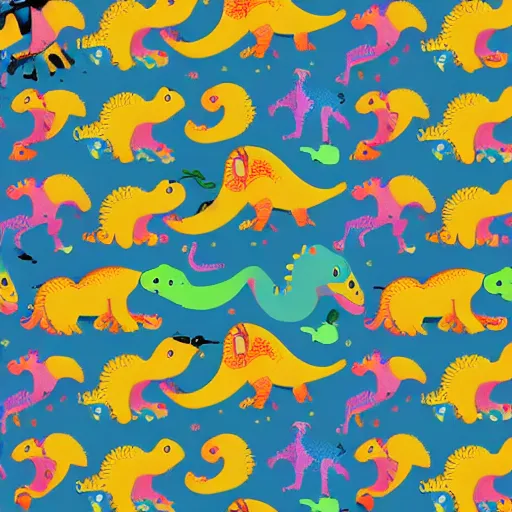 Image similar to a colourful dinosaur pattern in the style of murakami