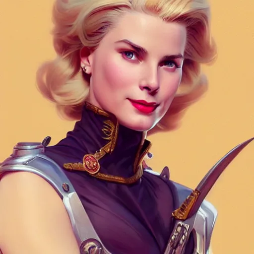 Image similar to Grace Kelly with Blonde Hair as Vash the Stampede, western, D&D, fantasy, intricate, elegant, highly detailed, digital painting, artstation, concept art, matte, sharp focus, illustration, art by Artgerm and Greg Rutkowski and Alphonse Mucha