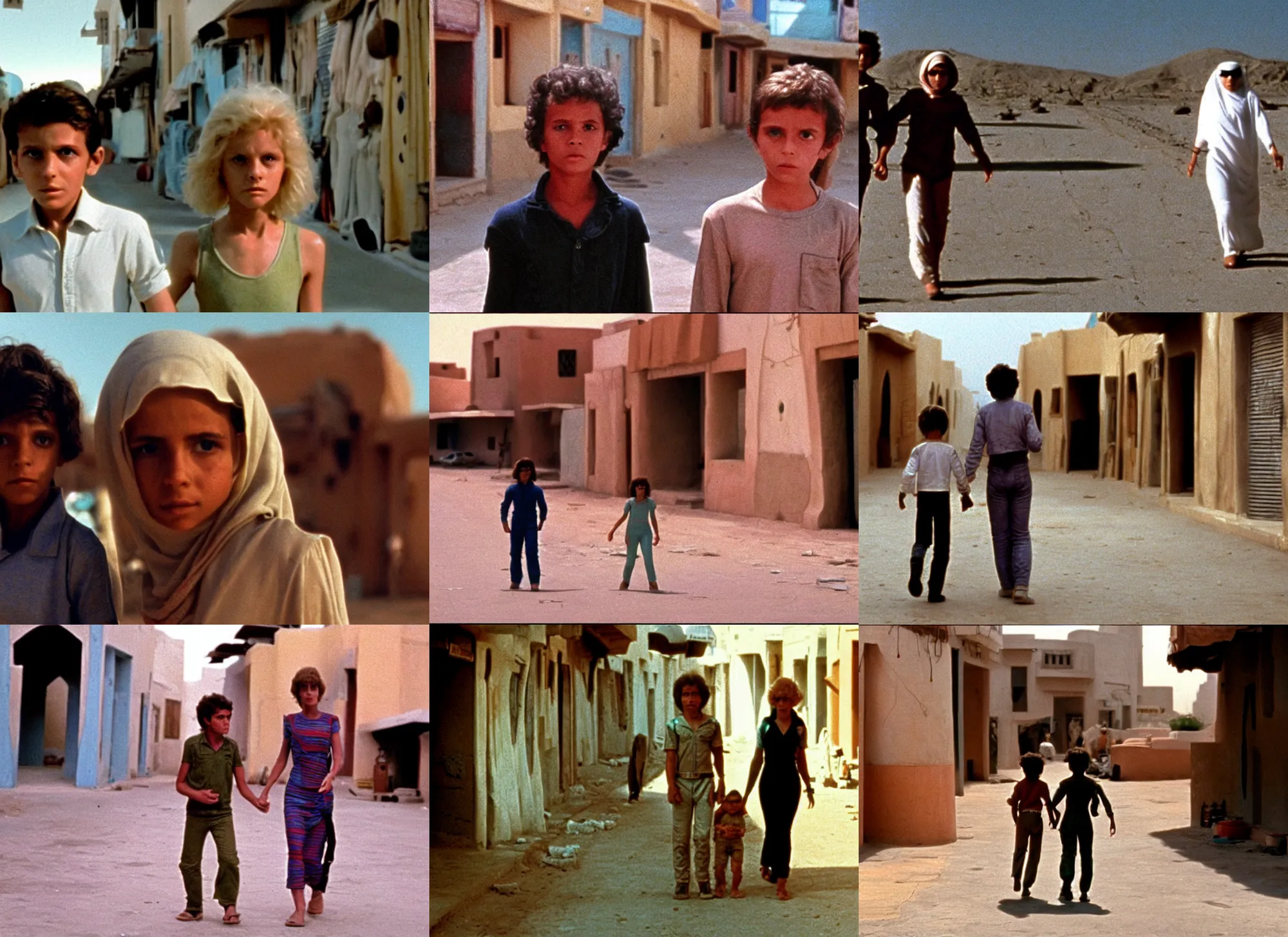 Prompt: color film still of a boy and a woman walking in the arabian town, alien ( 1 9 8 4 ).