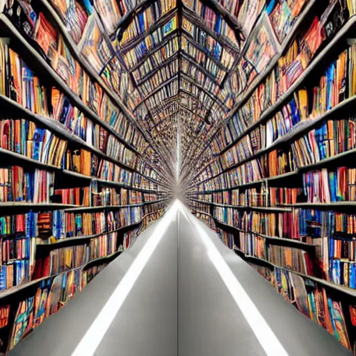 Prompt: Infinite tunnel made out of bookshelfs, photography, award winning, 8k