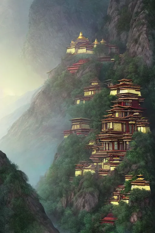 Image similar to Shangri-la at dawn, a Tibetan monastery at the edge of the cliff, powerfull, intricate, elegant, volumetric lighting, digital painting, highly detailed, artstation, sharp focus, illustration, concept art, ruan jia, steve mccurry