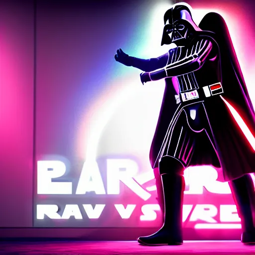 Image similar to Darth vader dancing at a rave party, neon lights everywhere, ultra realistic, dark reflective colors, raytracing, ultra hd