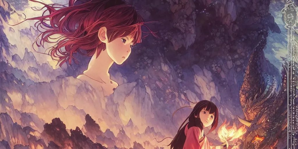 Image similar to the girl and the magic dragons cave. anime movie still. smooth. torches, dark. by hayao miyazaki and rossdraws and artgerm and chie yoshii and detmold and greg rutkowski and alphonse mucha. anime production by studio ghibli. high quality, stunning, intricate detailed environment. 8 k