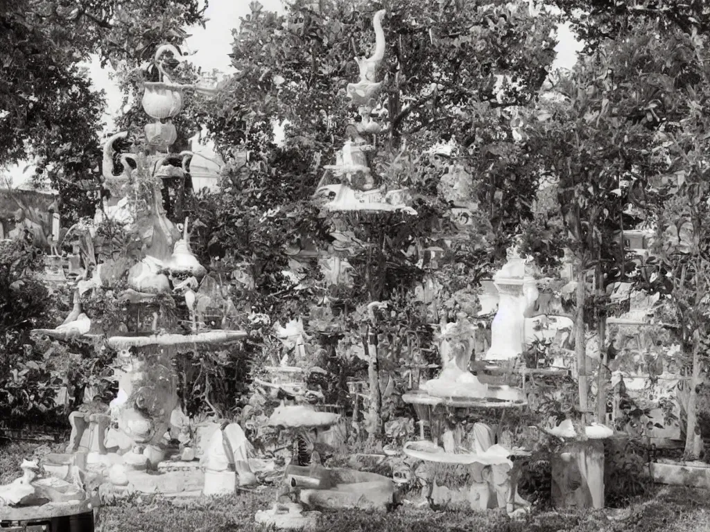 Image similar to Incredible ornate rich beefy gravy fountain in the gardens of the fried chicken mansion. Photograph from Booneville, Louisiana (1971)