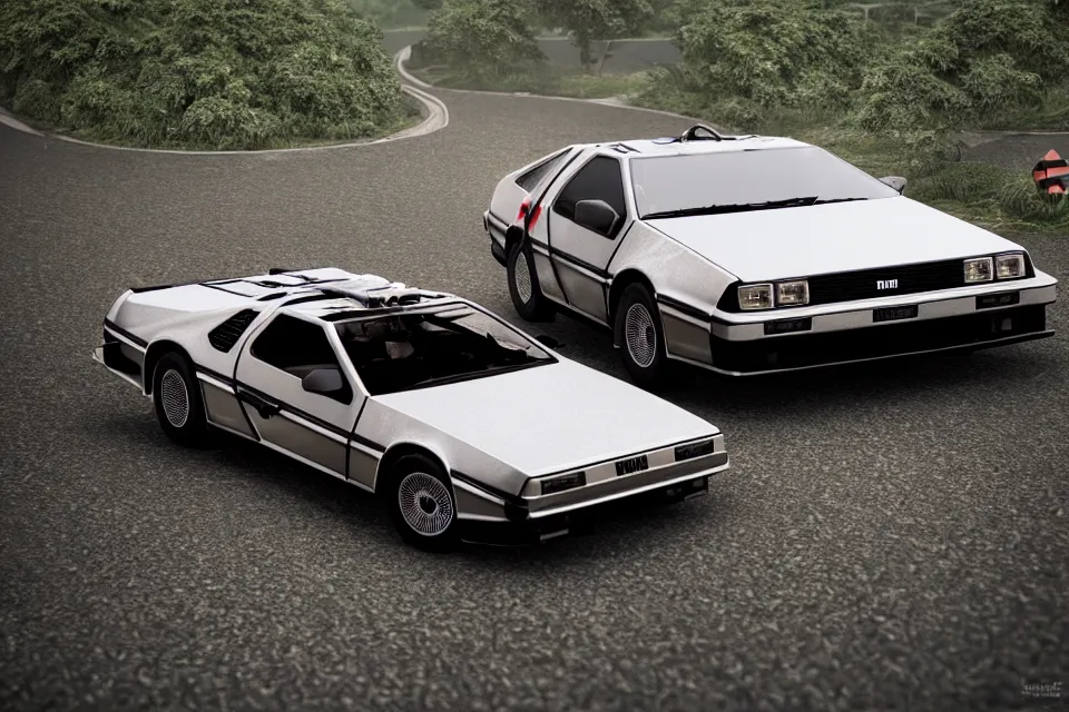 Image similar to ultra realistic delorean ae 8 6 drifting on touge highway wreckage, photo from space, dark cinematic, volumetric, realistic, 3 d render, realistic render, cinematic lighting, volumetric lighting, atmospheric, cinematic, unreal engine 5, unreal engine render, octane render, hd, photorealism, hyper realistic, 8 k