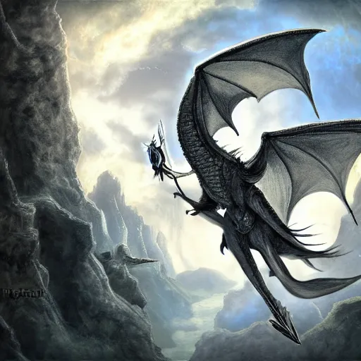 Prompt: gandalf, flying on dragon, highly detailed, digital art,