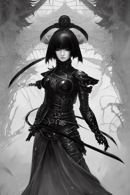 Image similar to portrait Ninja gaiden girl, armored black and white color ninja wardrobe, in ruin japanese rainny temple night, ssci-fi and fantasy, intricate and very very beautiful and elegant, highly detailed, digital painting, artstation, concept art, smooth and sharp focus, illustration, art by tian zi and WLOP and alphonse mucha