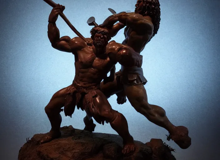 Prompt: a full figure rubber sculpture of conan the barbarian fighting a giant troll, by Michelangelo, dramatic lighting, foggy atmosphere, rough texture, subsurface scattering, wide angle lens