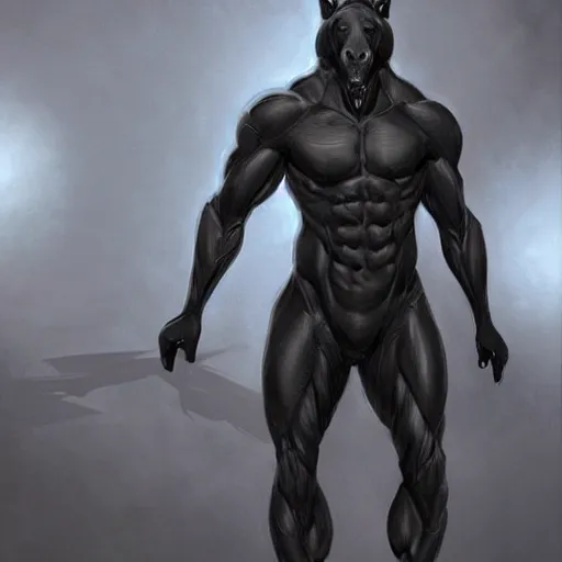 Image similar to a musclebound black - coated male anthro horse in a tactical outfit at a facility, detailed clothes texture, absurdly exaggeratedly athletic physique, highly detailed, digital painting, artstation, sharp focus, smooth, concept art, illustration, art by artgerm, greg rutkowski, wlop