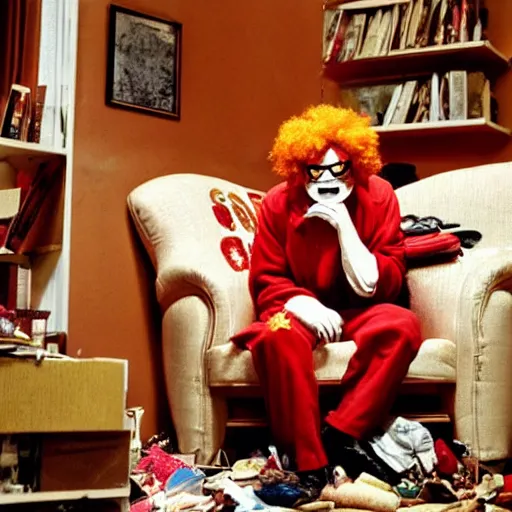 Image similar to ronald mcdonald sitting in an armchair in a cluttered apartment, gritty, film, somber