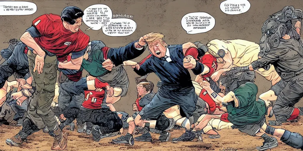 Image similar to Reagan teaching Trump how to block kicks. Epic painting by James Gurney and (Laurie Greasley).