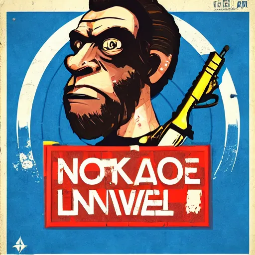 Image similar to saint homo neanderthalis, portrait, propaganda poster, with book of science on his right hand, and riffle, pop art, gta chinatown wars art style, bioshock infinite art style, hyperrealistic, two colors, white frame border, 4 k, uhd, remove duplicate content, align left.