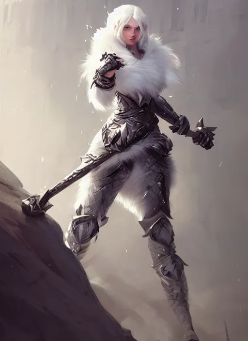 Image similar to fur - lined armor!!! beautiful and elegant white haired female!! gorgeous ayes!! character concept art, sharp focus, octane render! unreal engine 5! highly rendered!! trending on artstation!! detailed linework!! illustration by bussiere rutkowski andreas rocha