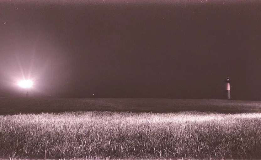 Image similar to red beam of light from lighthouse rotating over the field, night, unsettling, smoke and fire on the horizon, photo 1998