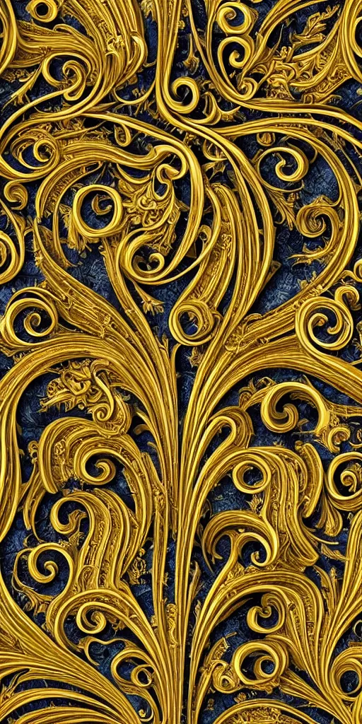 Image similar to the source of future growth dramatic, elaborate emotive Golden Baroque and Rococo styles to emphasise beauty as a transcendental, seamless pattern, symmetrical, large motifs, sistine chapel ceiling, 8k image, supersharp, spirals and swirls, Gold blue black and white, 3D, no blur, sharp focus, photorealistic, insanely detailed and intricate, cinematic lighting, Octane render, epic scene, 8K