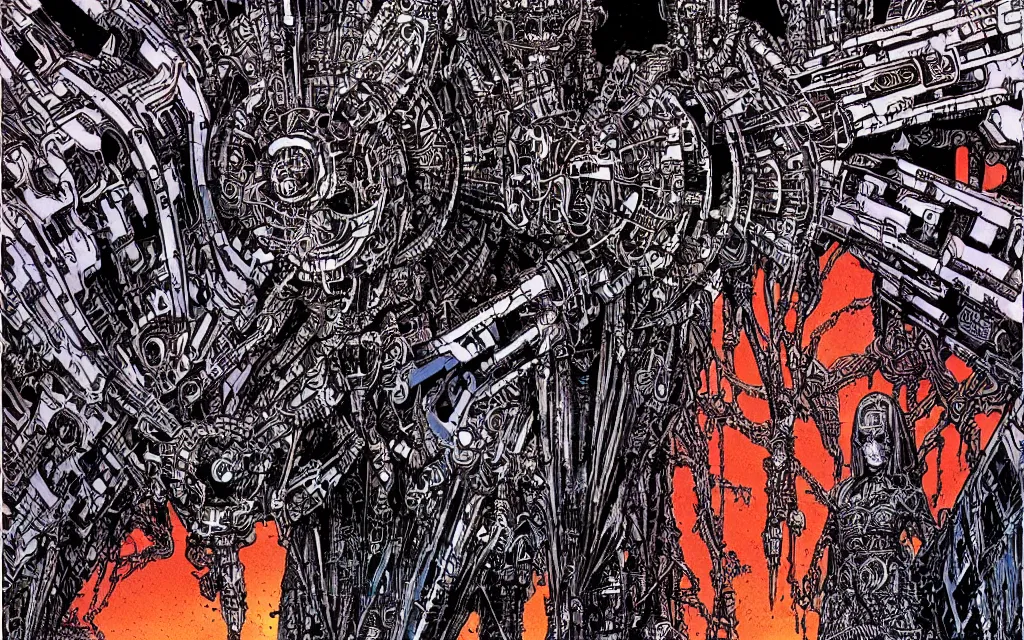 Prompt: techno - savage machine cult, perfect future, awarding winning digital art by philippe druillet