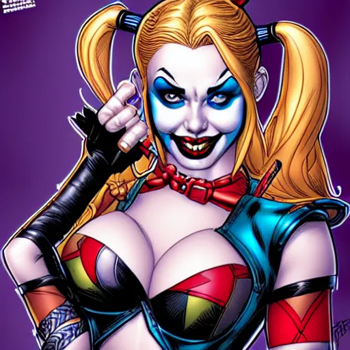 Prompt: Harley Quinn, comic portrait by J Scott Campbell, intricate details