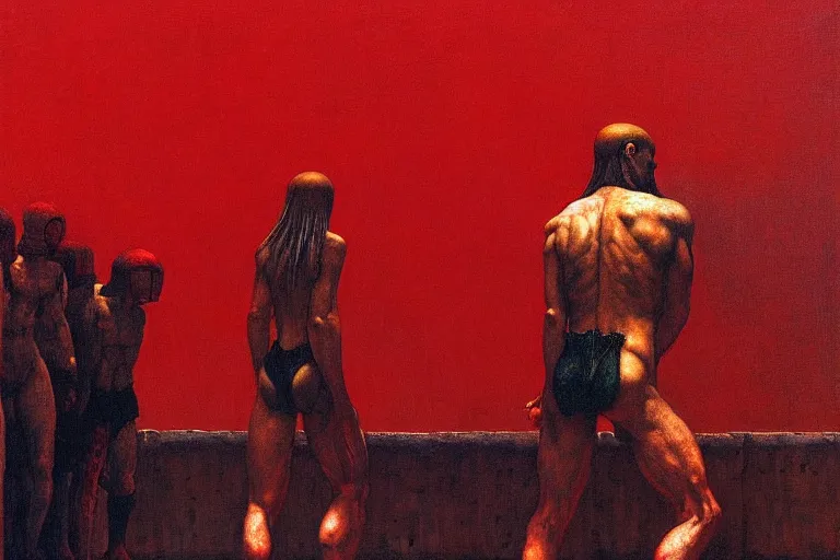 Image similar to only with red, a red gladiator in a crowded roman amphitheatre, crowd cheers him, in the style of beksinski, parts by edward hopper, parts by rodcenko, parts by yue minjun, intricate and epic composition, red by caravaggio, insane quality, highly detailed, masterpiece, red light, artstation