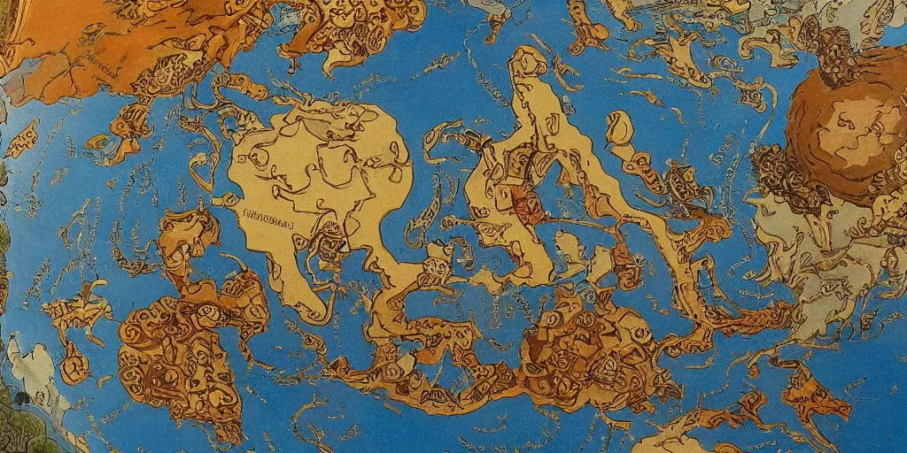 Image similar to international relations and geopolitics, mix of styles, dutch golden age, detailed, intricate, treasure planet color scheme, abstract, battle, commerce