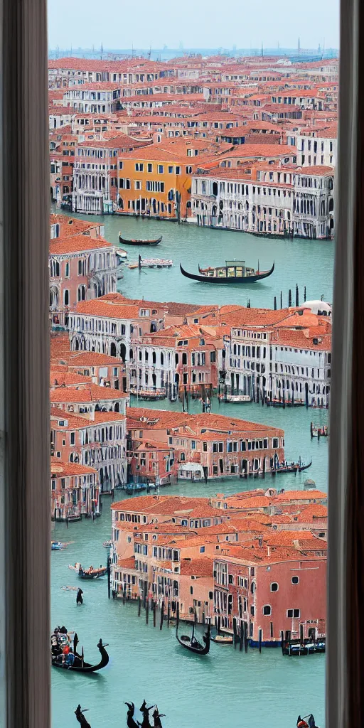 Prompt: window in foreground, venice in background, by wes anderson