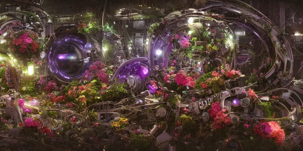 Image similar to a lovely mechanical cornucopia of flowers, sci-fi futuristic, utopian, machine parts, wires, circuits, highly detailed, octane render, cinematic