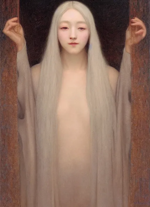 Image similar to thin young beautiful girl with silver hair, pale!, wearing robes, wearing hair, golden goddess, young cute wan korean face, silver hair!!, oil on canvas, style of jean delville, 4 k resolution, aesthetic!,