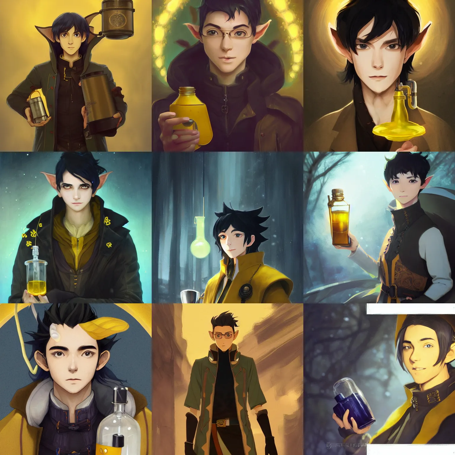 Prompt: portrait of a male elf alchemist with black hair wearing a yellow coat holding a flask, half body, single subject, ambient lighting, highly detailed, digital painting, trending on pixiv fanbox, studio ghibli, extremely high quality artwork, art by ross tran and artgerm and makoto shinkai and alphonse mucha