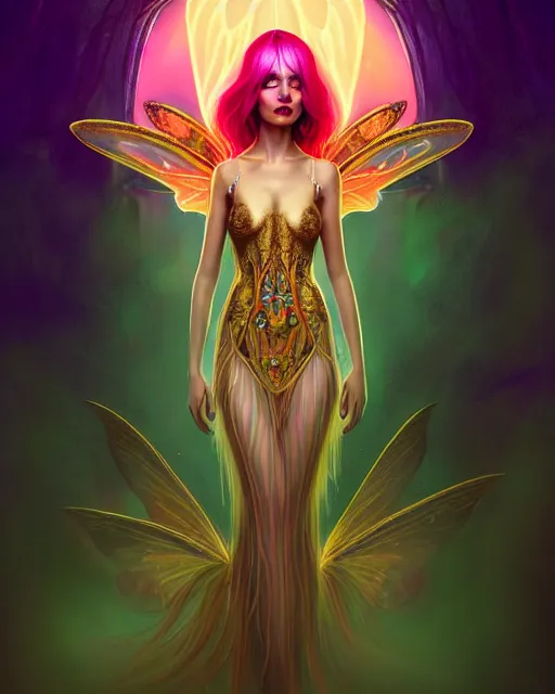 Image similar to portrait, stunningly beautiful female faerie priestess in amanita muscaria forest landscape, symmetrical wings on back, neon hair, wearing a dress of gossamer gold, inner glow, illustration, dramatic lighting, soft details, painting, art nouveau, octane render, 8 k, hd, by brom, faces by otto schmidt